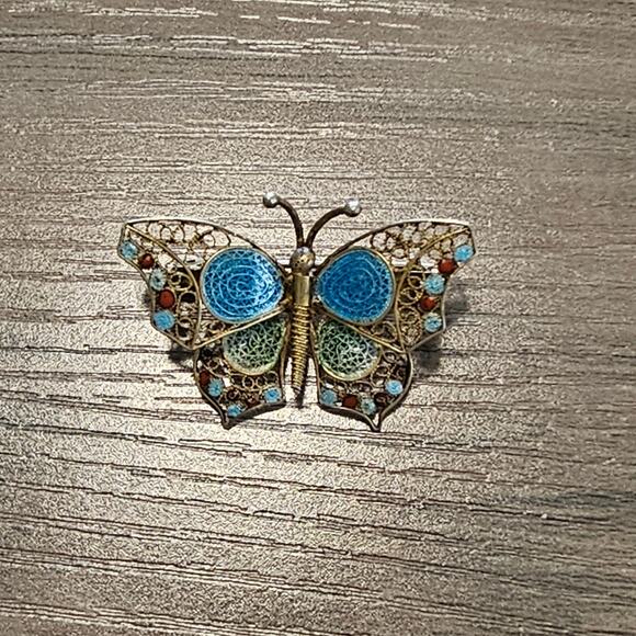 Vintage 800 Gold Filigree Painted Butterfly Brooch - Picture 8 of 8